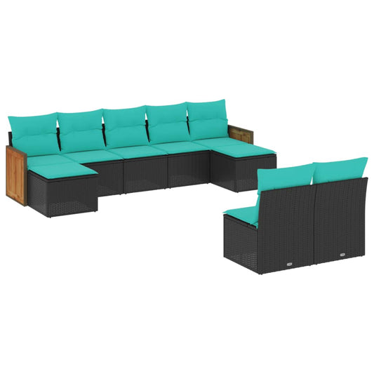 9-teiliges Gartensofa-Set mit Kissen, schwarzes Polyrattan