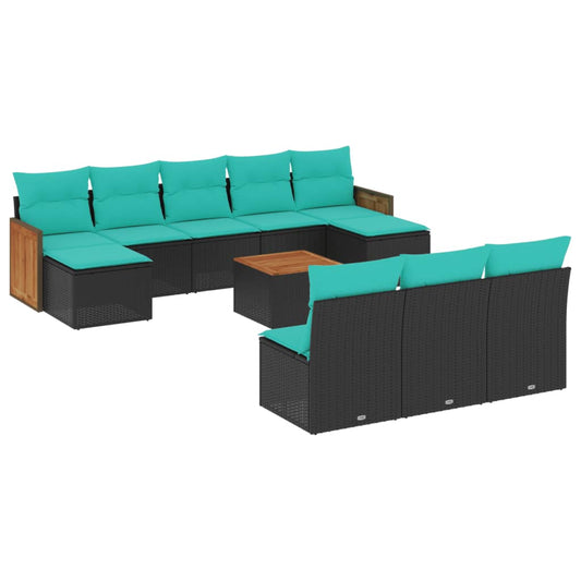 11-teiliges Gartensofa-Set mit Kissen, schwarzes Polyrattan
