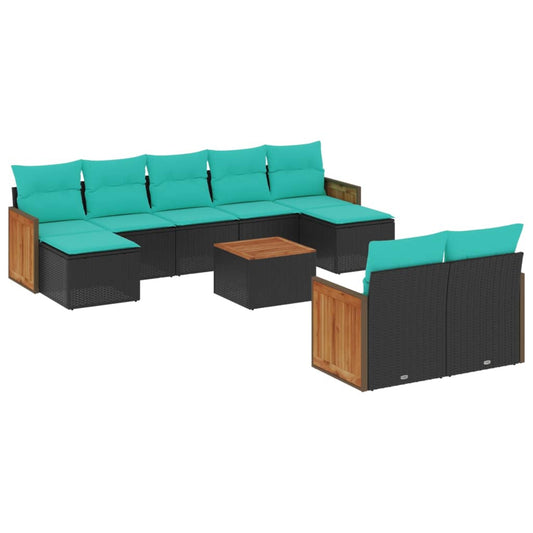 10-teiliges Gartensofa-Set mit Kissen, schwarzes Polyrattan