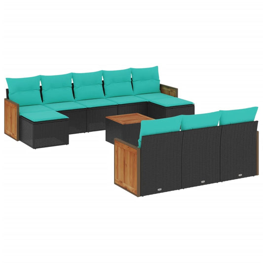 11-teiliges Gartensofa-Set mit Kissen, schwarzes Polyrattan
