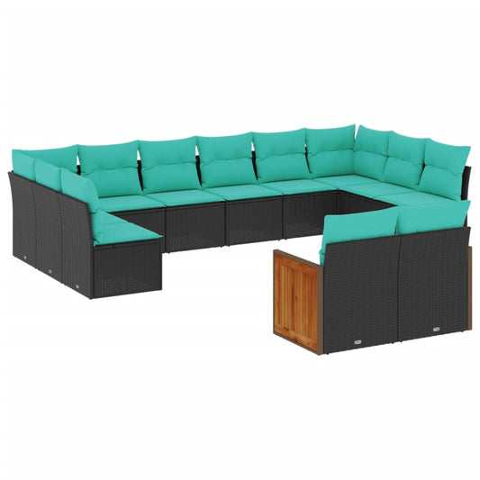 12-teiliges Gartensofa-Set mit Kissen, schwarzes Polyrattan