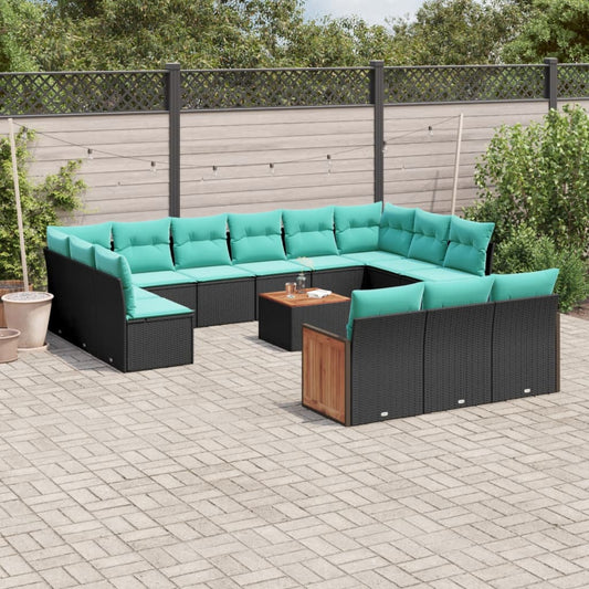 14-teiliges Gartensofa-Set mit Kissen, schwarzes Polyrattan