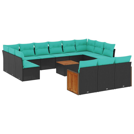 12-teiliges Gartensofa-Set mit Kissen, schwarzes Polyrattan