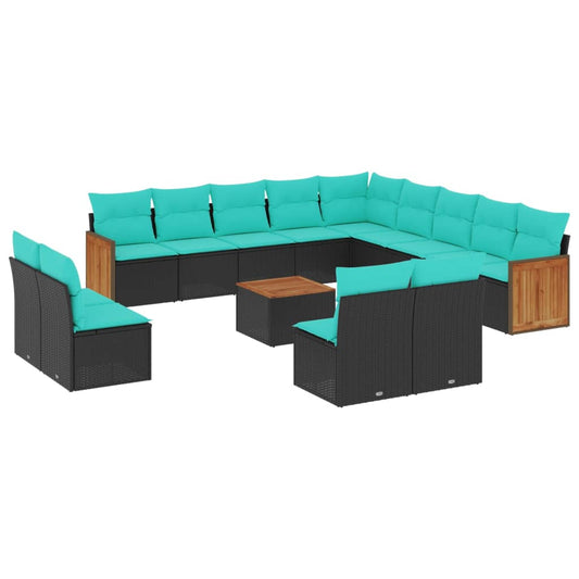 14-teiliges Gartensofa-Set mit Kissen, schwarzes Polyrattan