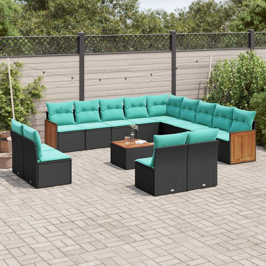 14-teiliges Gartensofa-Set mit Kissen, schwarzes Polyrattan