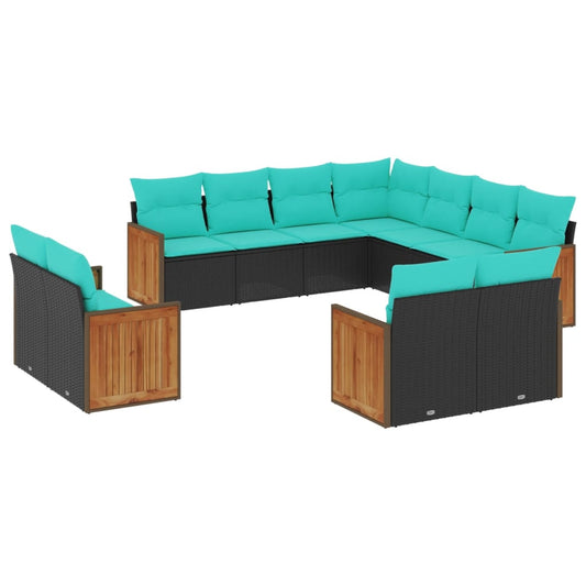 11-teiliges Gartensofa-Set mit Kissen, schwarzes Polyrattan