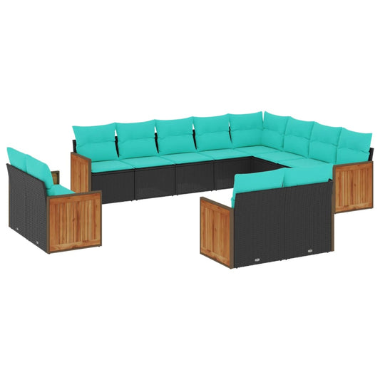 12-teiliges Gartensofa-Set mit Kissen, schwarzes Polyrattan