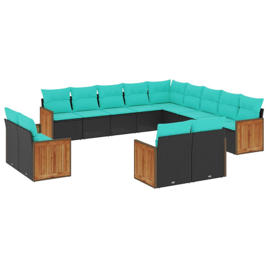 13-teiliges Gartensofa-Set mit Kissen, schwarzes Polyrattan