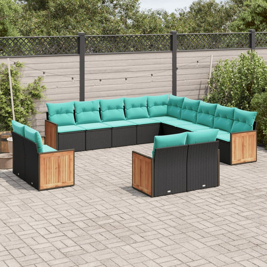 13-teiliges Gartensofa-Set mit Kissen, schwarzes Polyrattan