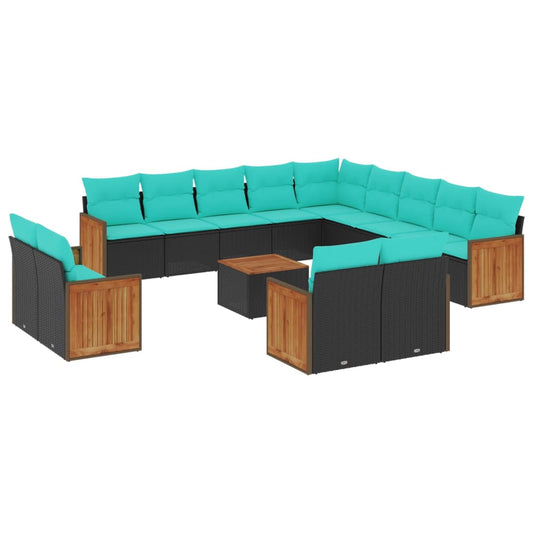 14-teiliges Gartensofa-Set mit Kissen, schwarzes Polyrattan