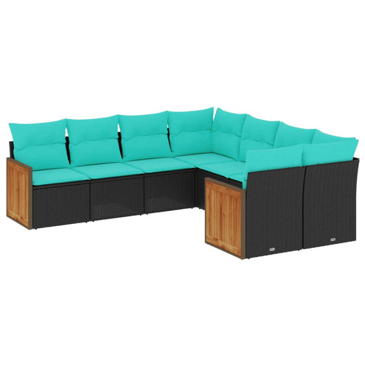 8-teiliges Gartensofa-Set mit Kissen, schwarzes Polyrattan
