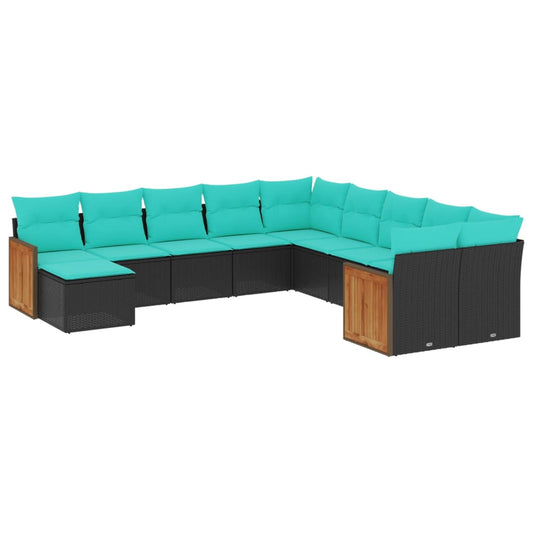 11-teiliges Gartensofa-Set mit Kissen, schwarzes Polyrattan