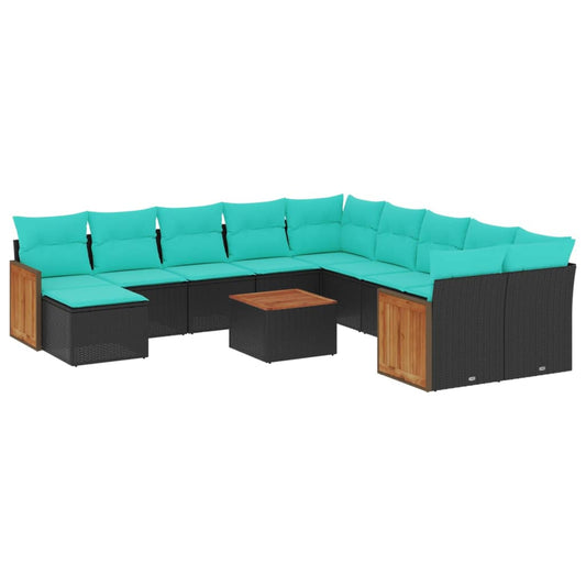 12-teiliges Gartensofa-Set mit Kissen, schwarzes Polyrattan