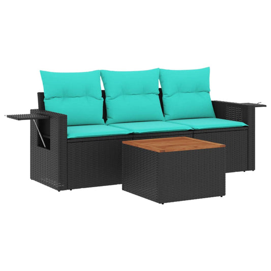 4-teiliges Gartensofa-Set mit Kissen, schwarzes Polyrattan