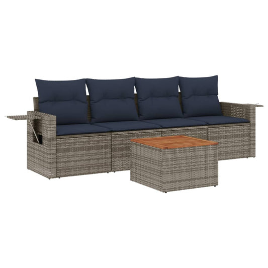 5-teiliges Gartensofa-Set mit Kissen, grau, Polyrattan
