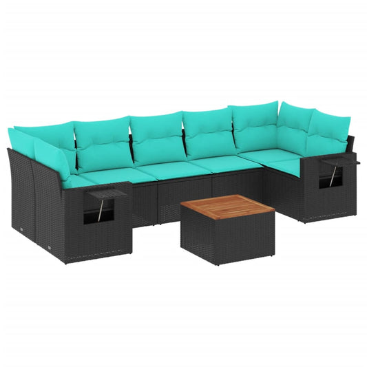 8-teiliges Gartensofa-Set mit Kissen, schwarzes Polyrattan