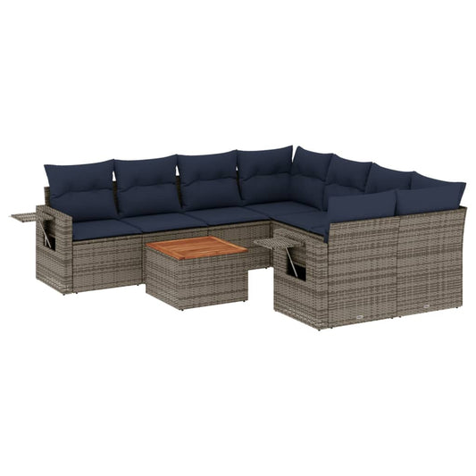 9-teiliges Gartensofa-Set mit Kissen, grau, Polyrattan