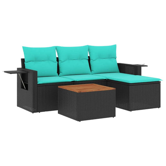 5-teiliges Gartensofa-Set mit Kissen, schwarzes Polyrattan