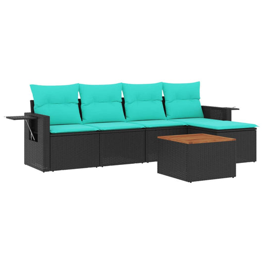 6-teiliges Gartensofa-Set mit Kissen, schwarzes Polyrattan