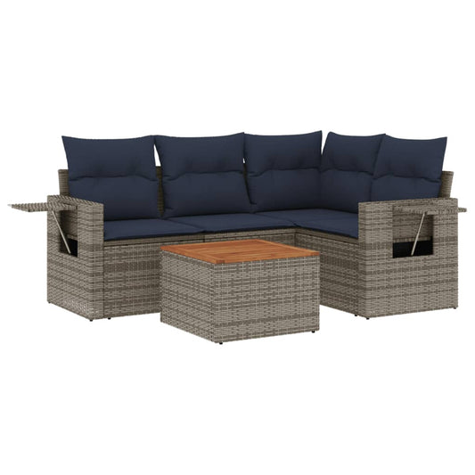 5-teiliges Gartensofa-Set mit Kissen, grau, Polyrattan