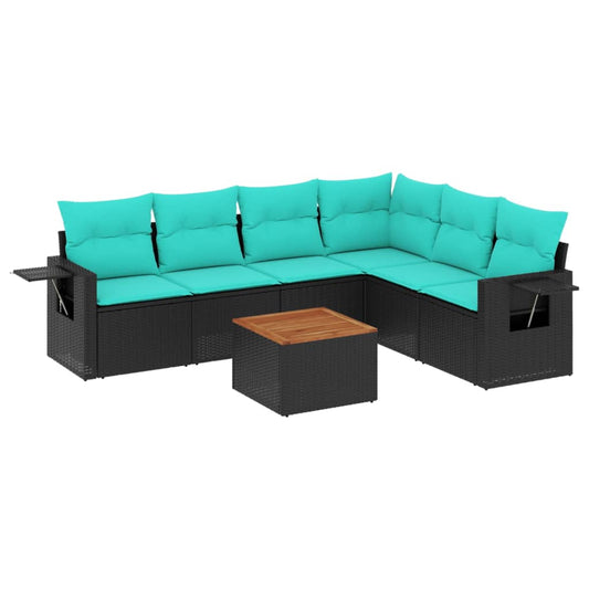 7-teiliges Gartensofa-Set mit Kissen, schwarzes Polyrattan