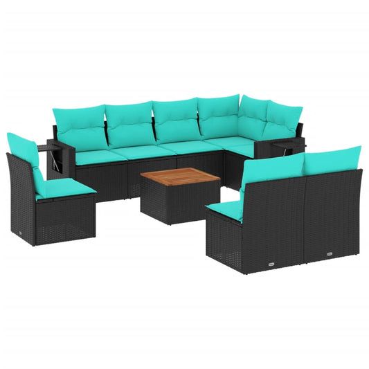 9-teiliges Gartensofa-Set mit Kissen, schwarzes Polyrattan