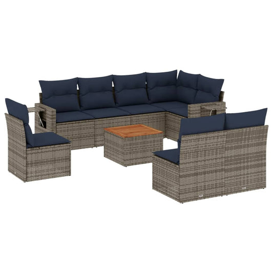 9-teiliges Gartensofa-Set mit Kissen, grau, Polyrattan