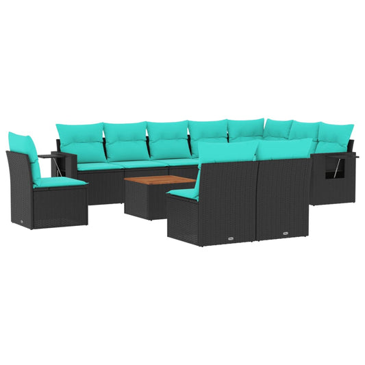 11-teiliges Gartensofa-Set mit Kissen, schwarzes Polyrattan