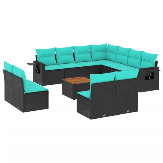 12-teiliges Gartensofa-Set mit Kissen, schwarzes Polyrattan