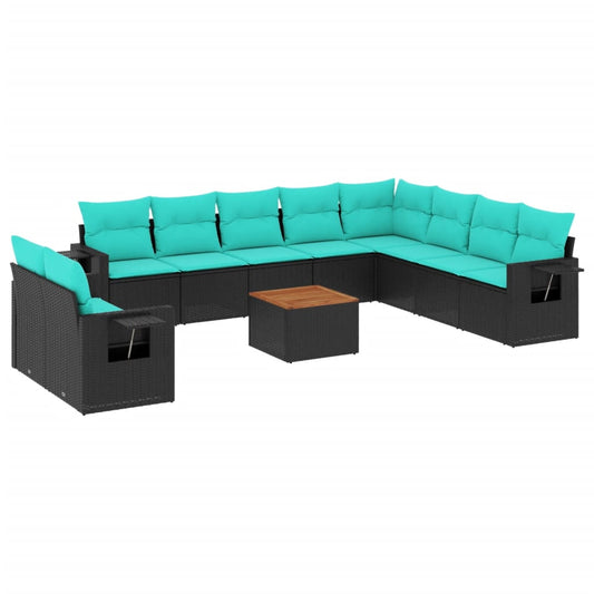 11-teiliges Gartensofa-Set mit Kissen, schwarzes Polyrattan
