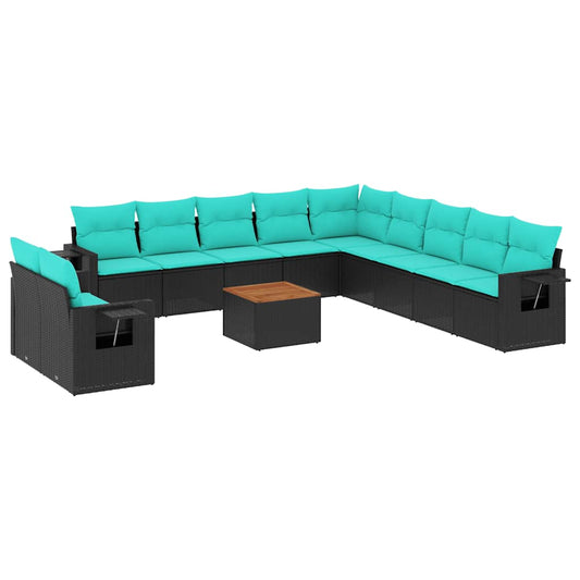 12-teiliges Gartensofa-Set mit Kissen, schwarzes Polyrattan