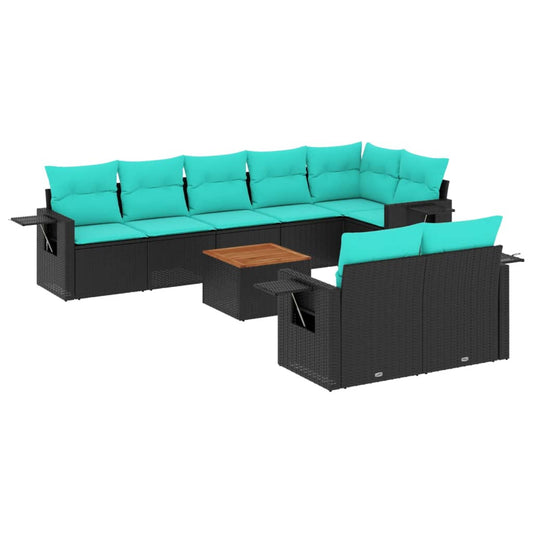 9-teiliges Gartensofa-Set mit Kissen, schwarzes Polyrattan