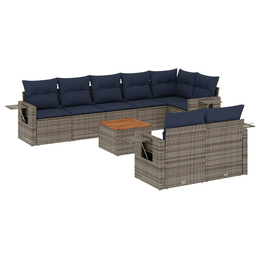 9-teiliges Gartensofa-Set mit Kissen, grau, Polyrattan