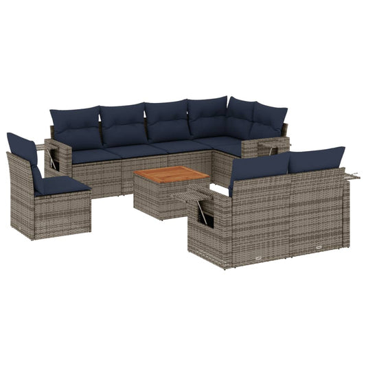 9-teiliges Gartensofa-Set mit Kissen, grau, Polyrattan