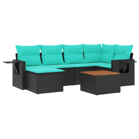 7-teiliges Gartensofa-Set mit Kissen, schwarzes Polyrattan