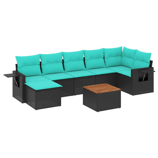 8-teiliges Gartensofa-Set mit Kissen, schwarzes Polyrattan