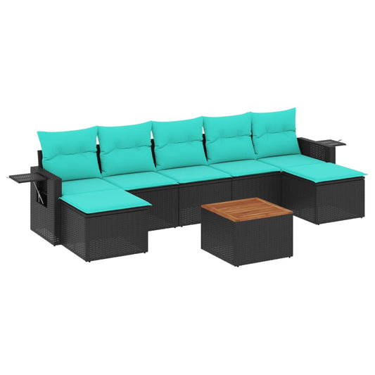 8-teiliges Gartensofa-Set mit Kissen, schwarzes Polyrattan