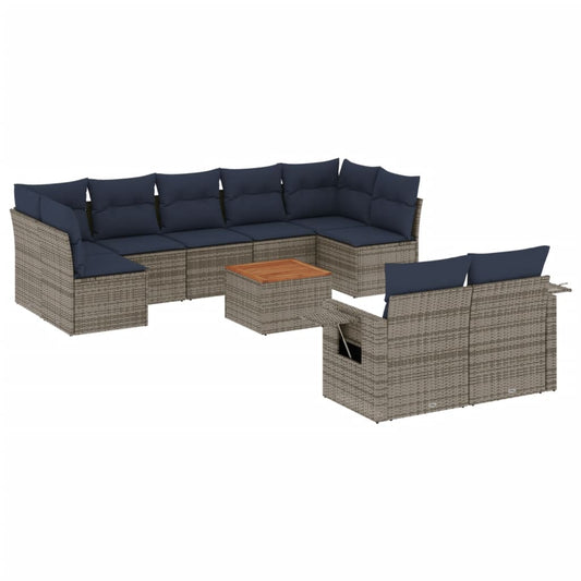 10-teiliges Gartensofa-Set mit Kissen, grau, Polyrattan