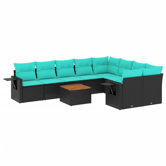 10-teiliges Gartensofa-Set mit Kissen, schwarzes Polyrattan