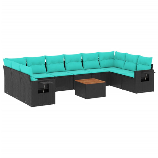 11-teiliges Gartensofa-Set mit Kissen, schwarzes Polyrattan