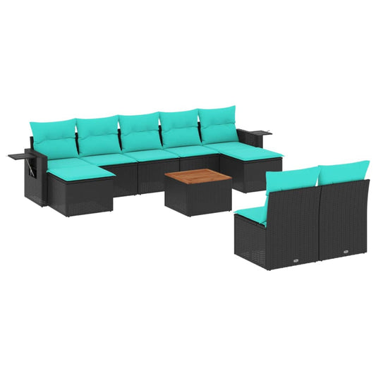 10-teiliges Gartensofa-Set mit Kissen, schwarzes Polyrattan