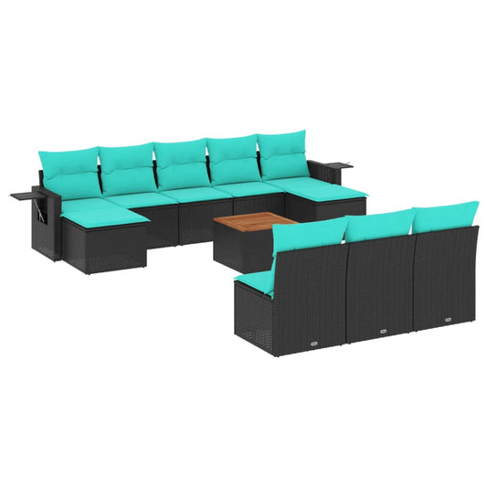 11-teiliges Gartensofa-Set mit Kissen, schwarzes Polyrattan