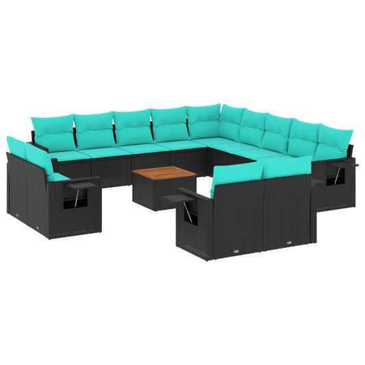 14-teiliges Gartensofa-Set mit Kissen, schwarzes Polyrattan