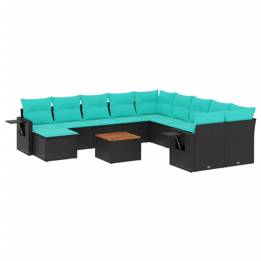 12-teiliges Gartensofa-Set mit Kissen, schwarzes Polyrattan