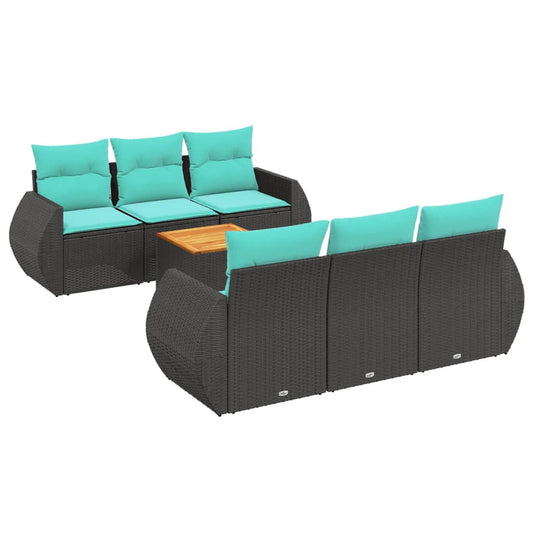 7-teiliges Gartensofa-Set mit Kissen, schwarzes Polyrattan