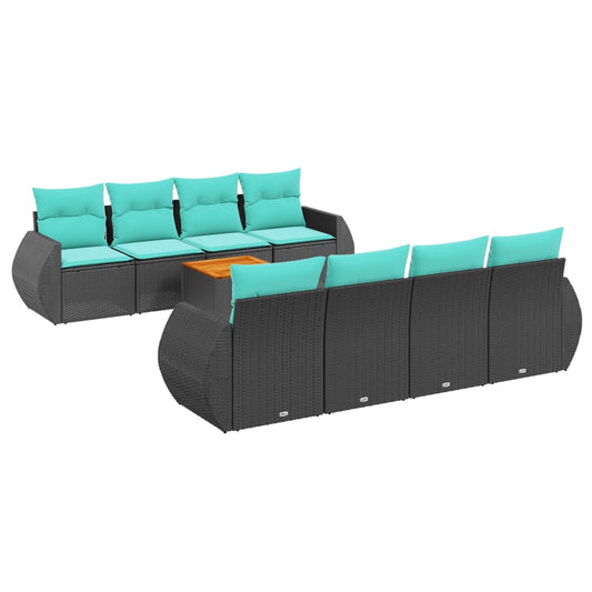 9-teiliges Gartensofa-Set mit Kissen, schwarzes Polyrattan