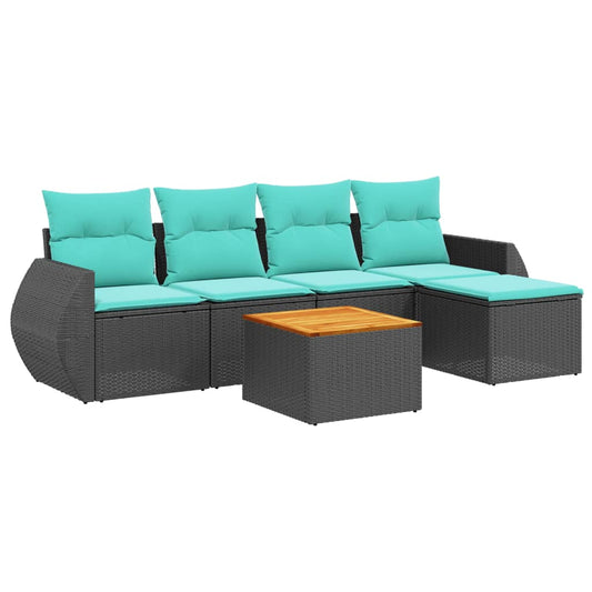 6-teiliges Gartensofa-Set mit Kissen, schwarzes Polyrattan