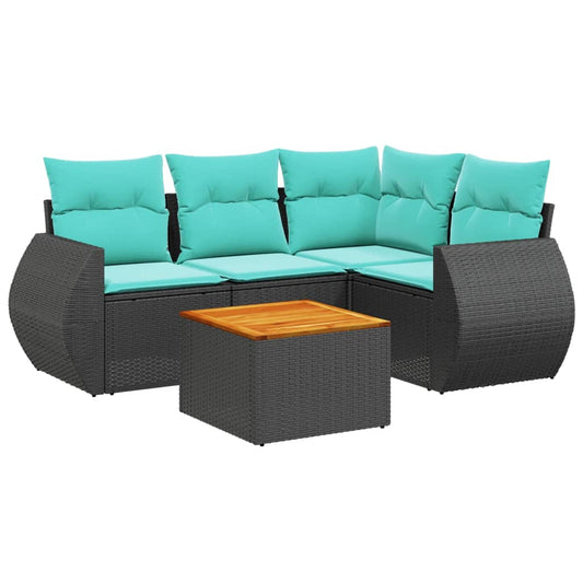 5-teiliges Gartensofa-Set mit Kissen, schwarzes Polyrattan