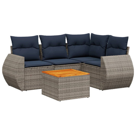 5-teiliges Gartensofa-Set mit Kissen, grau, Polyrattan