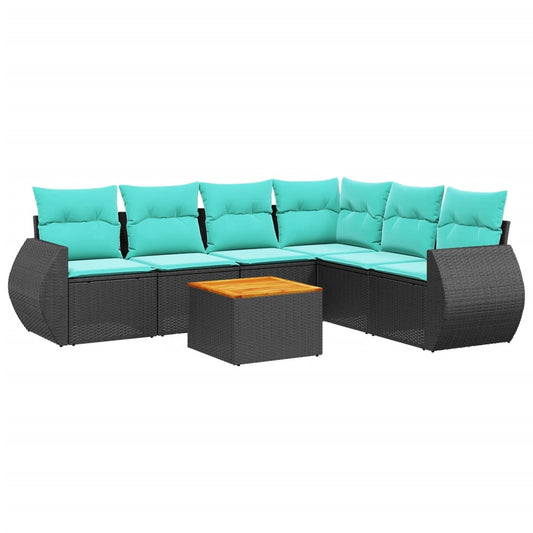 7-teiliges Gartensofa-Set mit Kissen, schwarzes Polyrattan